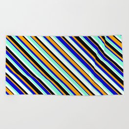 [ Thumbnail: Vibrant Mint Cream, Black, Orange, Blue & Aquamarine Colored Lined/Striped Pattern Beach Towel ]