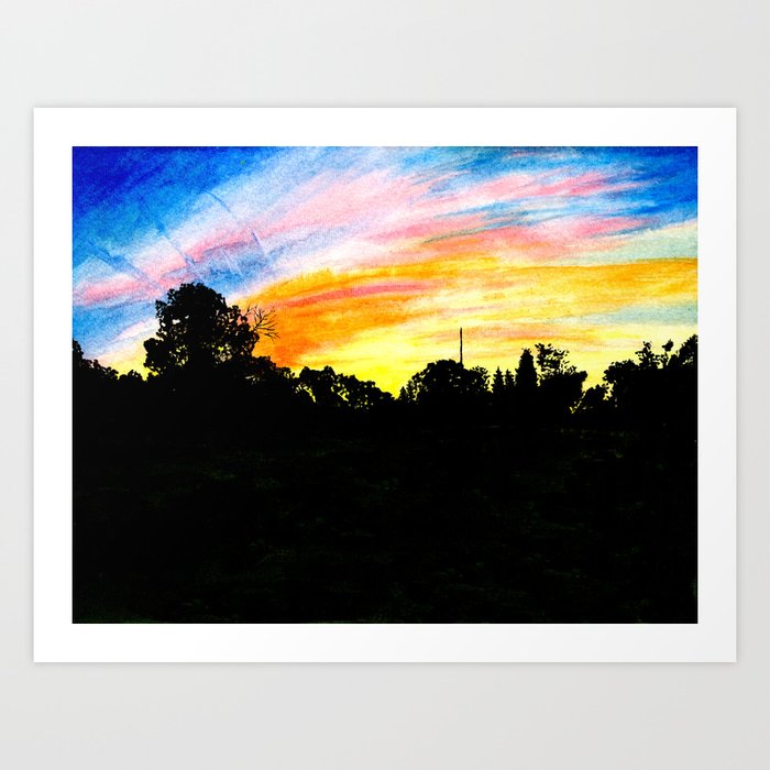 Colorful Sunset Tree Silhouette Watercolor Art Print By