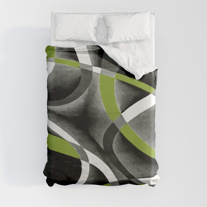 Eighties Green White Grey Line Curve Pattern On Black Duvet Cover