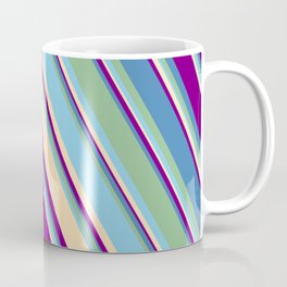 [ Thumbnail: Eyecatching Blue, Dark Sea Green, Sky Blue, Beige, and Purple Colored Lines Pattern Coffee Mug ]