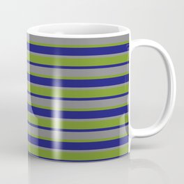 [ Thumbnail: Midnight Blue, Grey & Green Colored Lines/Stripes Pattern Coffee Mug ]