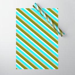 [ Thumbnail: Eye-catching Green, Mint Cream, Aqua, Powder Blue, and Goldenrod Colored Striped/Lined Pattern Wrapping Paper ]