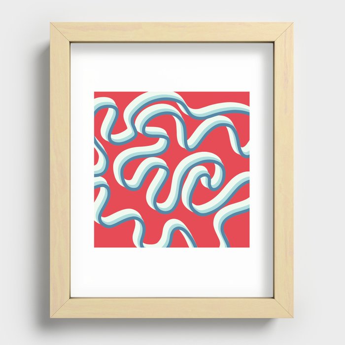 Ela - Blue Retro Line Swirl on Red   Recessed Framed Print