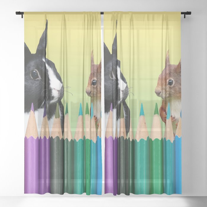Colored Pencils - Squirrel & black and white Bunny - Rabbit Sheer Curtain