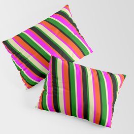 [ Thumbnail: Red, Fuchsia, Pale Goldenrod, Green, and Black Colored Pattern of Stripes Pillow Sham ]