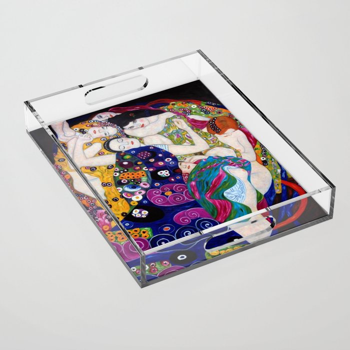 The Virgin Maidens, anemones and lilies floral portray by Gustav Klimt Acrylic Tray