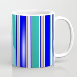 [ Thumbnail: Blue, Tan, Light Sea Green, and White Colored Striped Pattern Coffee Mug ]