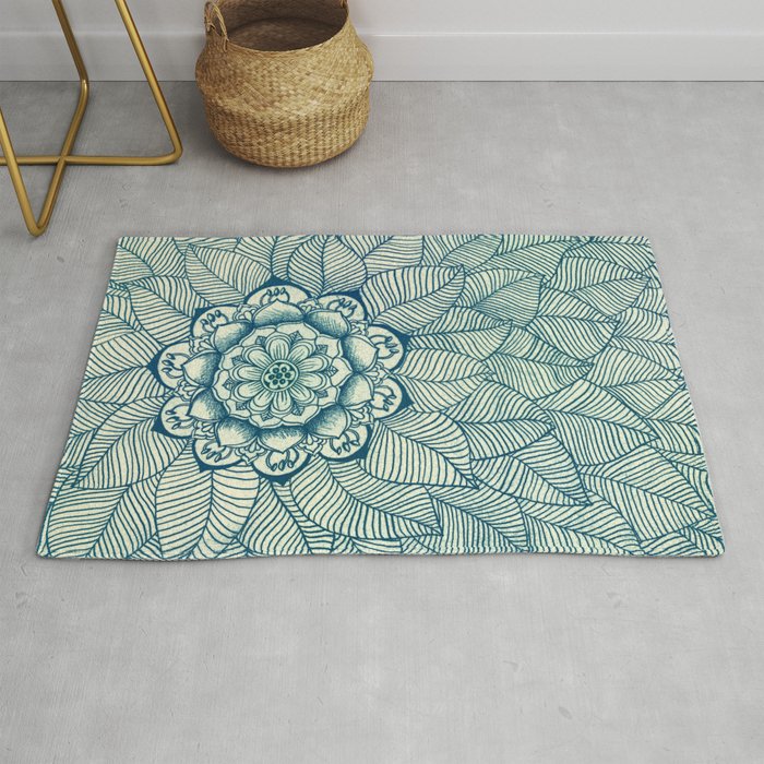 Emerald Green Navy Amp Cream Floral Amp Leaf Doodle Rug By