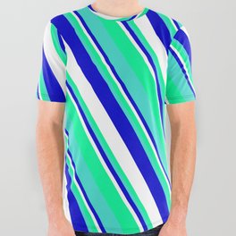 [ Thumbnail: Blue, White, Green, and Turquoise Colored Striped/Lined Pattern All Over Graphic Tee ]