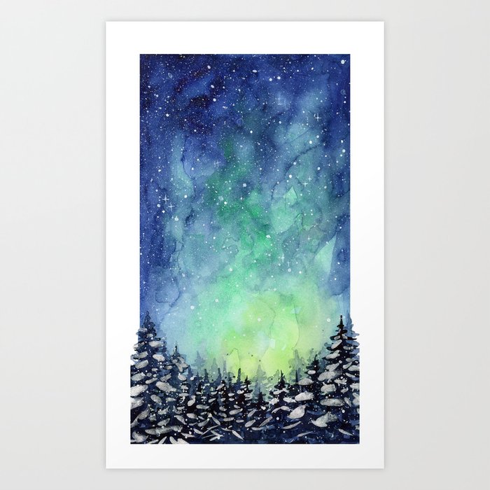 Galaxy Enchanted Forest Northern Lights Art Print