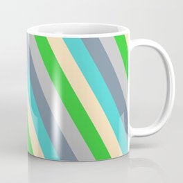 [ Thumbnail: Eyecatching Grey, Light Slate Gray, Turquoise, Beige & Lime Green Colored Stripes/Lines Pattern Coffee Mug ]