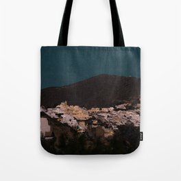 Santorini By Night | Greek Island Vibes in the Evening | City Lights and Dark Skies | Travel and Night Photography Fine Art Tote Bag