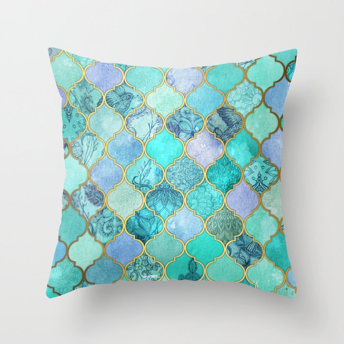 Cool Jade & Icy Mint Decorative Moroccan Tile Pattern Throw Pillow