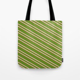 [ Thumbnail: Green, Mint Cream, and Salmon Colored Lines Pattern Tote Bag ]