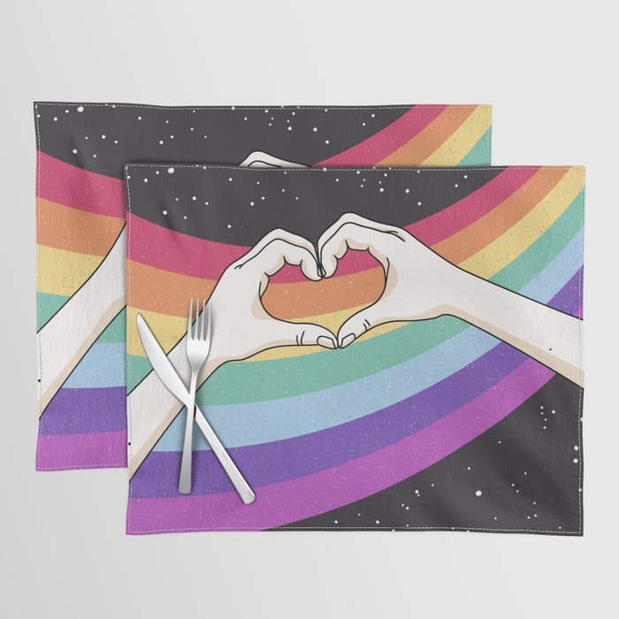 Love's Cosmic Embrace: Hands, Heart, Reaching the Hearts of Rainbow Space Stars in Galactic Radiance Placemat