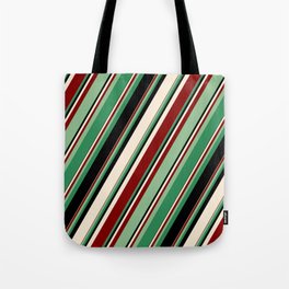 [ Thumbnail: Colorful Beige, Maroon, Dark Sea Green, Sea Green, and Black Colored Striped Pattern Tote Bag ]