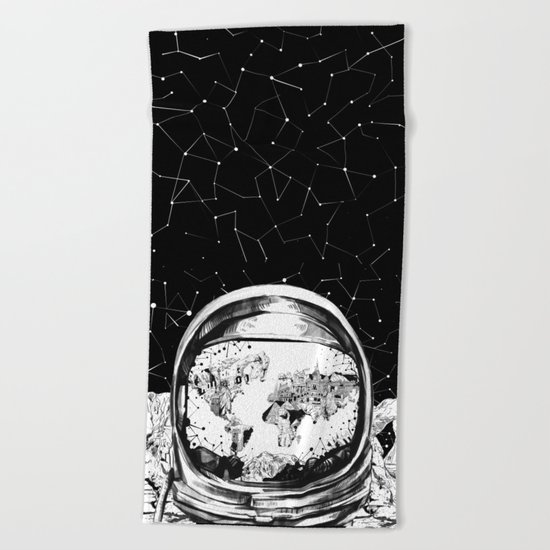 astronaut world map black and white 1 Beach Towel