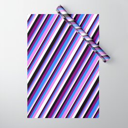 [ Thumbnail: Purple, Blue, Violet, White & Black Colored Stripes Pattern Wrapping Paper ]