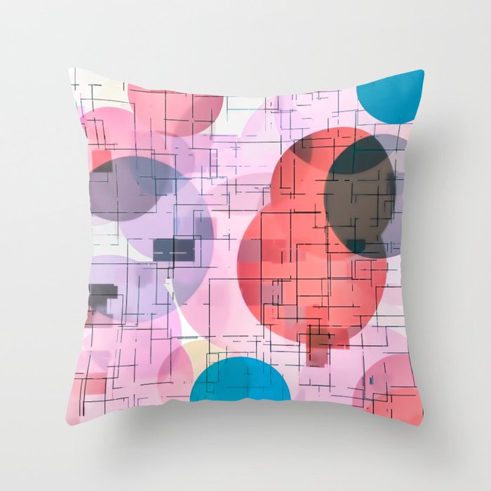 geometric square and circle pattern abstract in red pink blue Throw Pillow