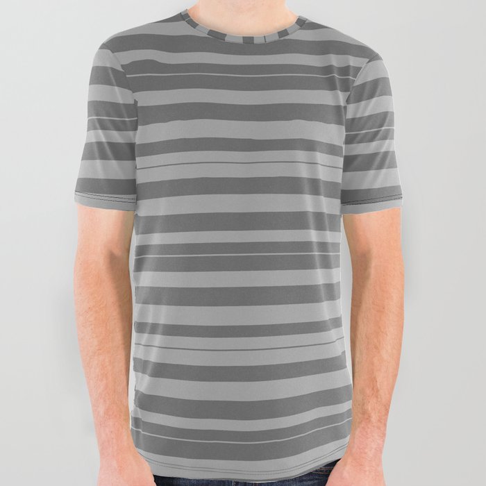 Dim Gray & Dark Grey Colored Striped/Lined Pattern All Over Graphic Tee