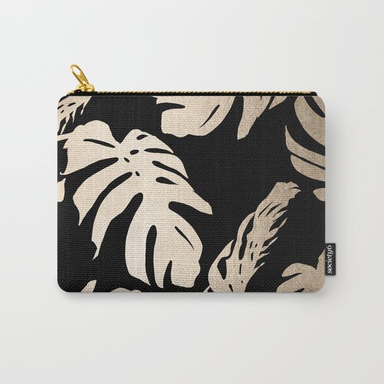 Simply Palm Leaves in White Gold Sands on Midnight Black Carry-All Pouch