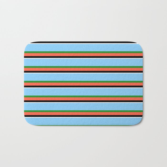 Light Sky Blue, Forest Green, Red, Black, and White Colored Striped/Lined Pattern Bath Mat