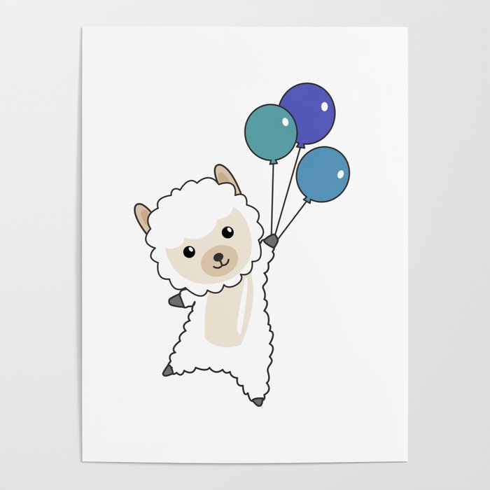 Alpaca Flies With Balloons Sweet Animals For Poster