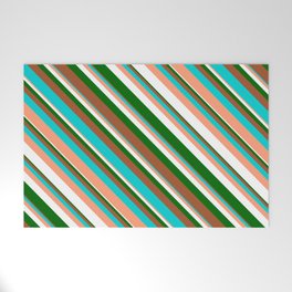 [ Thumbnail: Eyecatching Dark Green, Sienna, Dark Turquoise, Light Salmon & White Colored Stripes Pattern Welcome Mat ]