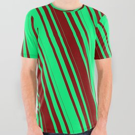 [ Thumbnail: Green & Maroon Colored Striped/Lined Pattern All Over Graphic Tee ]