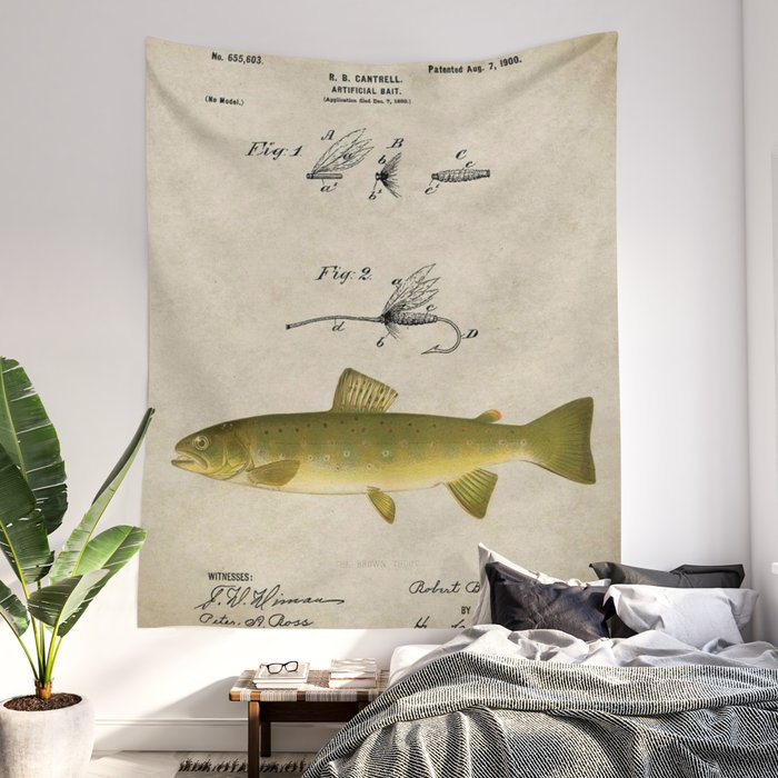 Vintage Brown Trout Fly Fishing Lure Patent Game Fish Identification Chart  Wall Tapestry by Atlantic Coast Arts and Paintings