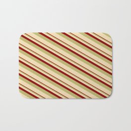 [ Thumbnail: Dark Red, Dark Khaki & Tan Colored Stripes Pattern Bath Mat ]