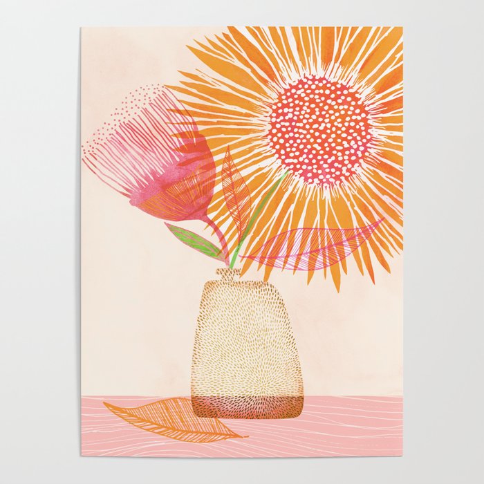 Summer Sunflower Bouquet in Gold and Pink Poster
