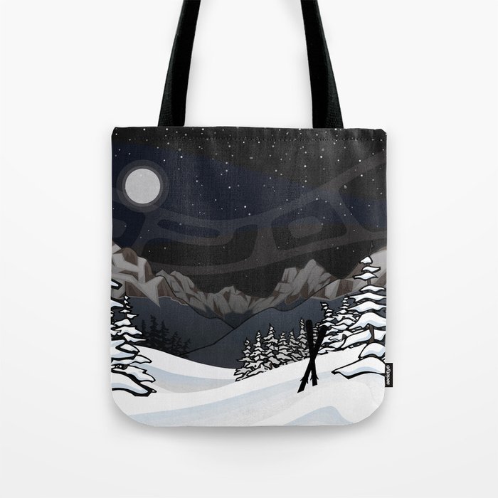 Snowy Mountain Night | Ski Backcountry Landscape Artwork | Wall Art | Chalet | Cottage | Office | DopeyArt Tote Bag