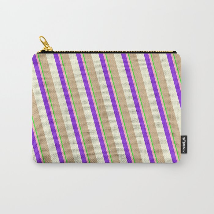 Eye-catching Lime, Light Pink, Purple, Beige & Tan Colored Stripes Pattern Carry-All Pouch