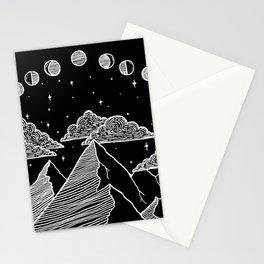Moon Phases over Mountains - Black Stationery Card