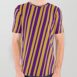 [ Thumbnail: Goldenrod & Indigo Colored Stripes/Lines Pattern All Over Graphic Tee ]