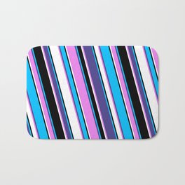 [ Thumbnail: Deep Sky Blue, Dark Slate Blue, Violet, White & Black Colored Lines/Stripes Pattern Bath Mat ]