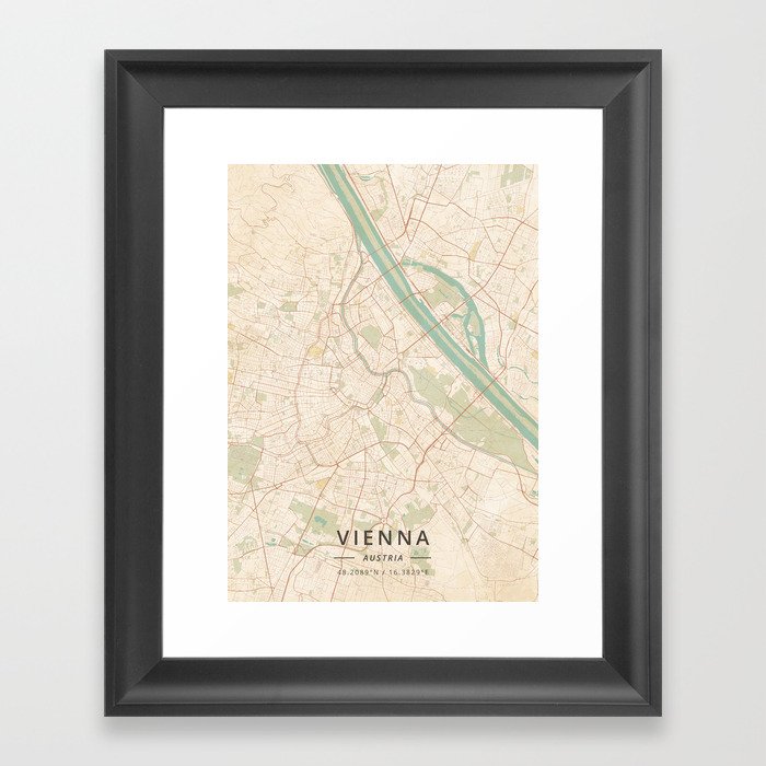 Vienna, Austria - Vintage Map Framed Art Print