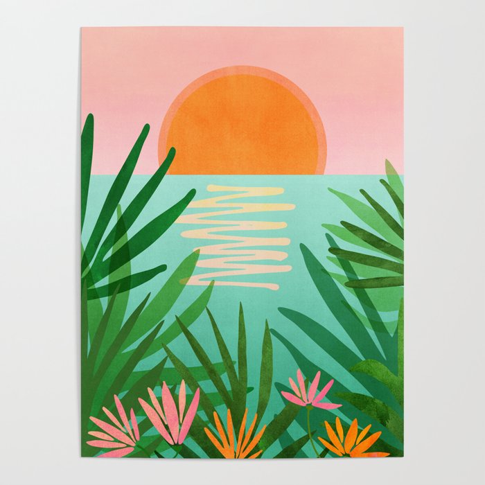 Tropical Views - Pink and Green Landscape Illustration Poster