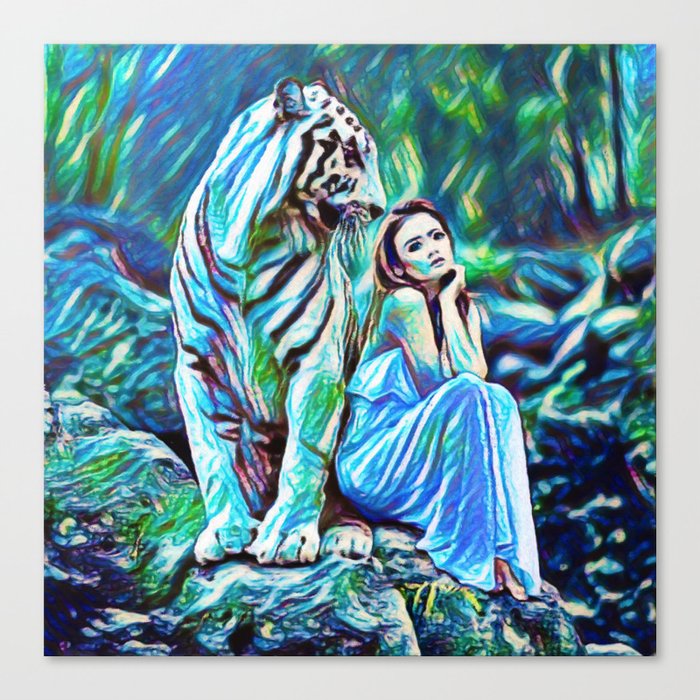 Beauty And The White Tiger Fantasy Art Painting Canvas Print
