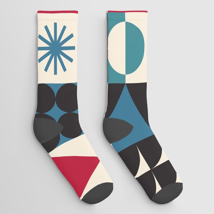 Funky neo geometry pattern vintage design with vibrant colors and simple shapes Socks