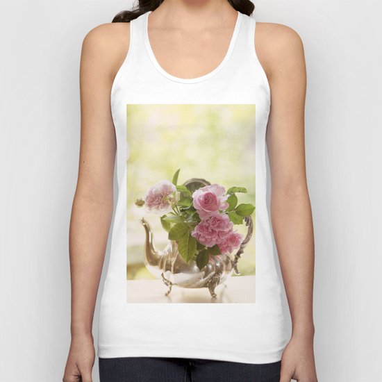 Pink English Roses in a silver Pot- Vintage Rose Stilllife Photography Unisex Tank Top