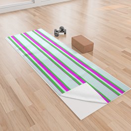 [ Thumbnail: Light Cyan, Lime Green & Fuchsia Colored Lines Pattern Yoga Towel ]
