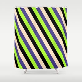[ Thumbnail: Bisque, Dark Slate Blue, Light Green & Black Colored Striped Pattern Shower Curtain ]