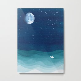 Moon Phase, teal watercolor Metal Print | Ocean, Dream, Sailboat, Moonphase, Nightsky, Stars, Watercolor, Journey, Moon, Night 