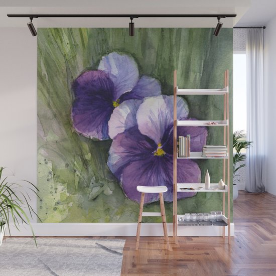Purple Pansies Watercolor Flowers Painting Violet Floral Art Wall