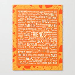 The word "Friends" in different languages of the world on an orange background with hearts Canvas Print