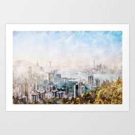 Hong Kong City skyline painting / drawing/ Illustration Art Print
