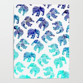 Boho turquoise blue ombre watercolor hand drawn mandala elephants pattern Poster
