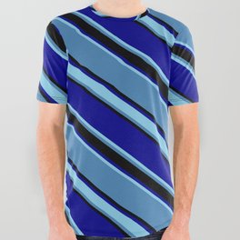 [ Thumbnail: Blue, Black, Dark Blue & Sky Blue Colored Pattern of Stripes All Over Graphic Tee ]